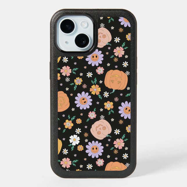 Retro Halloween Pumpkins and Flowers Pattern iPhone 15 Case (Back)
