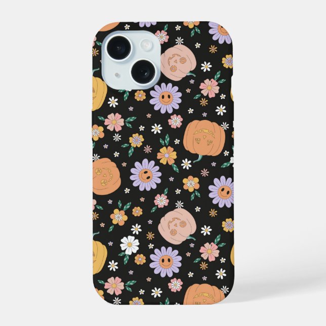Retro Halloween Pumpkins and Flowers Pattern Iphone Case (Back)