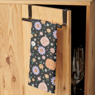 Retro Halloween Pumpkins and Flowers Pattern Kitchen Towel