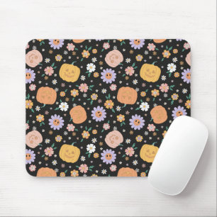 Retro Halloween Pumpkins and Flowers Pattern Mouse Pad