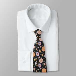 Retro Halloween Pumpkins and Flowers Pattern Neck Tie