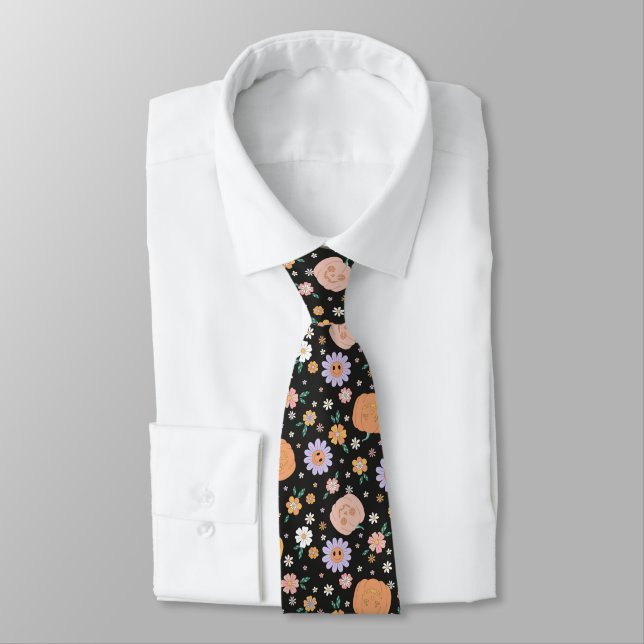 Retro Halloween Pumpkins and Flowers Pattern Neck Tie (Tied)