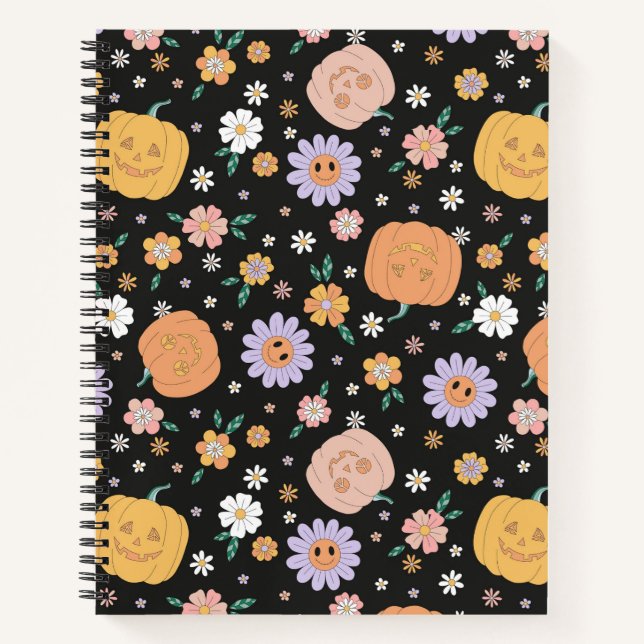 Retro Halloween Pumpkins and Flowers Pattern Notebook (Front)
