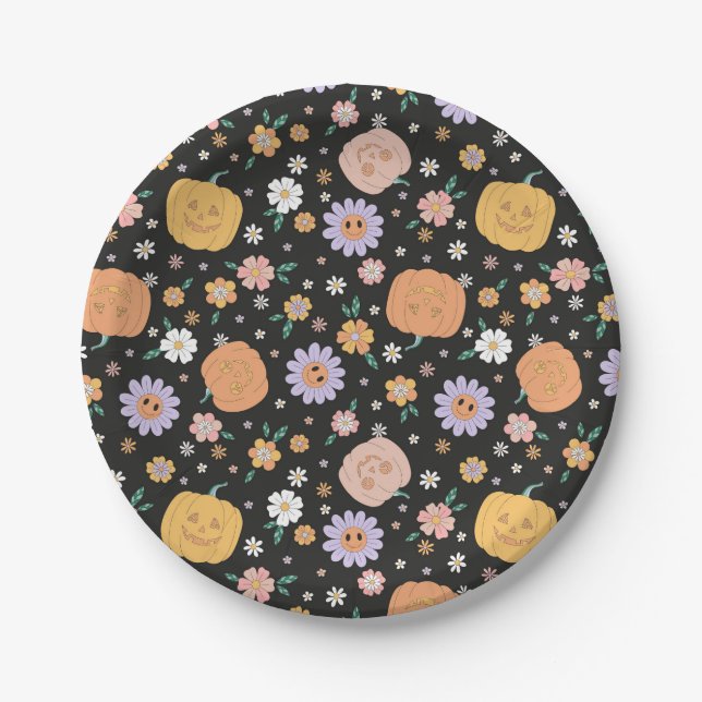 Retro Halloween Pumpkins and Flowers Pattern Paper Plates (Front)