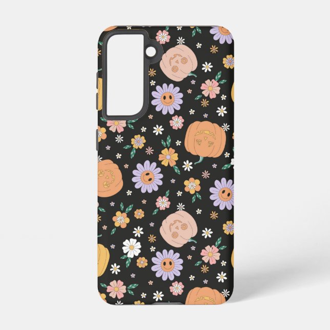 Retro Halloween Pumpkins and Flowers Pattern Samsung Galaxy Case (Back)
