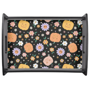 Retro Halloween Pumpkins and Flowers Pattern Serving Tray