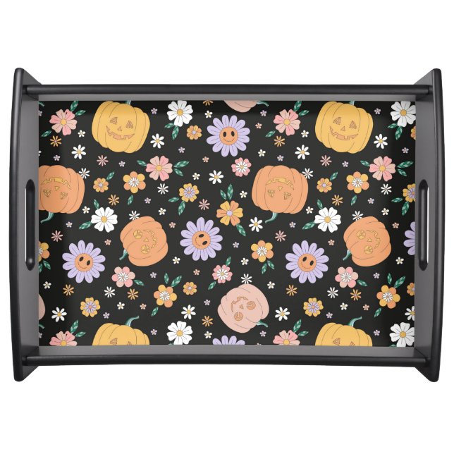 Retro Halloween Pumpkins and Flowers Pattern Serving Tray (Front)