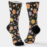 Retro Halloween Pumpkins and Flowers Pattern Socks