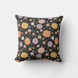 Retro Halloween Pumpkins and Flowers Pattern Throw Pillow