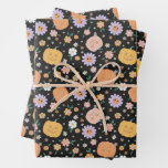 Retro Halloween Pumpkins and Flowers Pattern Wrapping Paper Sheets