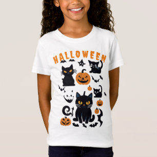 Retro Halloween Pumpkins, Flying Bats, Black Cat T-Shirt