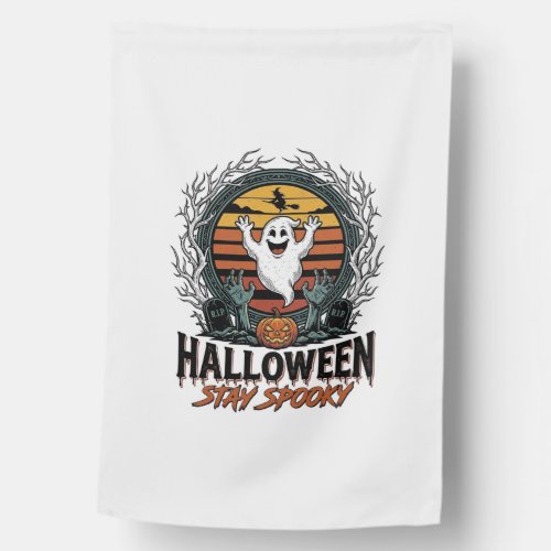 Retro Halloween Shirt with Engraved Ghost Moon Des House Flag