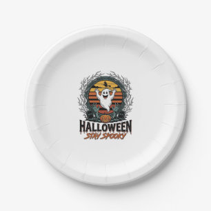 Retro Halloween Shirt with Engraved Ghost Moon Des Paper Plates