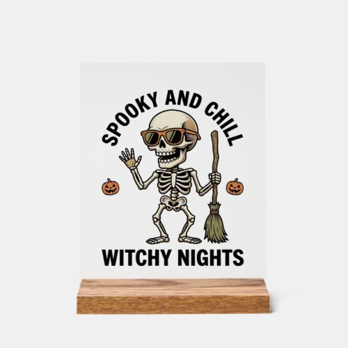 Retro Halloween Skeleton Engraving Witchy Broom Sh Acrylic Sign