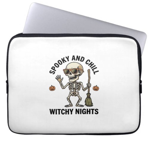 Retro Halloween Skeleton Engraving Witchy Broom Sh Laptop Sleeve