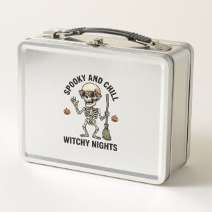 Retro Halloween Skeleton Engraving Witchy Broom Sh Metal Lunch Box
