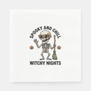 Retro Halloween Skeleton Engraving Witchy Broom Sh Napkins