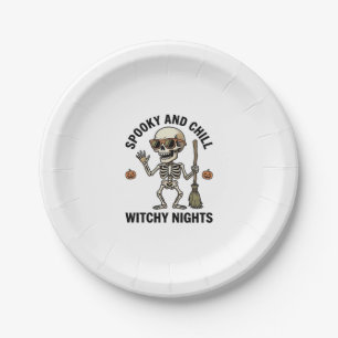 Retro Halloween Skeleton Engraving Witchy Broom Sh Paper Plates