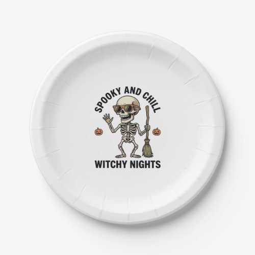 Retro Halloween Skeleton Engraving Witchy Broom Sh Paper Plates