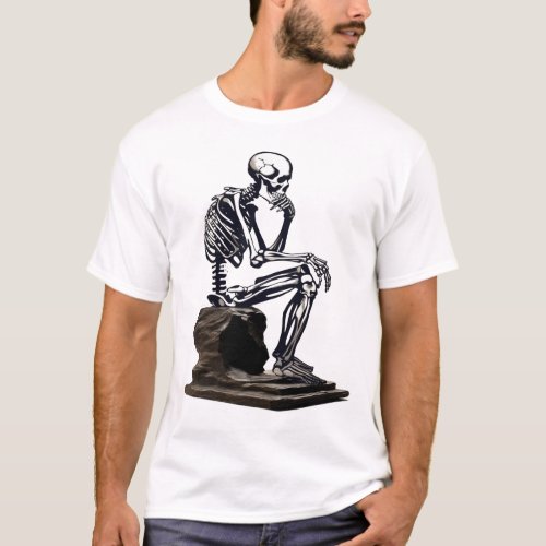 Retro Halloween Unique the thinker skeleton T_Shirt