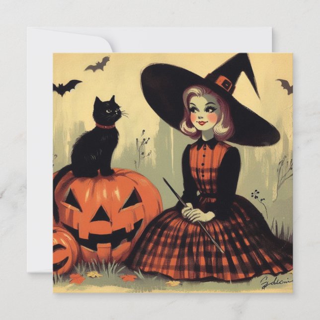Retro Halloween Witch and Black Cat Cute Card (Front)