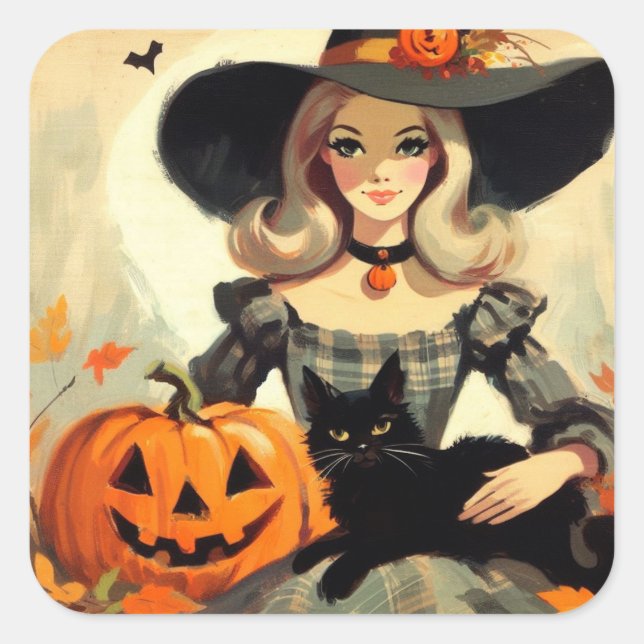 Retro Halloween Witch and Black Cat Spooky Square Sticker (Front)