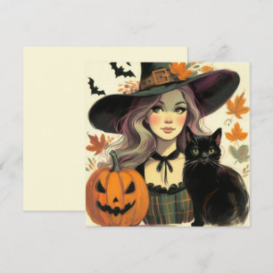 Retro Halloween Witch and Black Flat Greeting Card