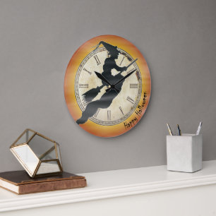 Retro Halloween Witch Broom Black Silhouette Large Clock