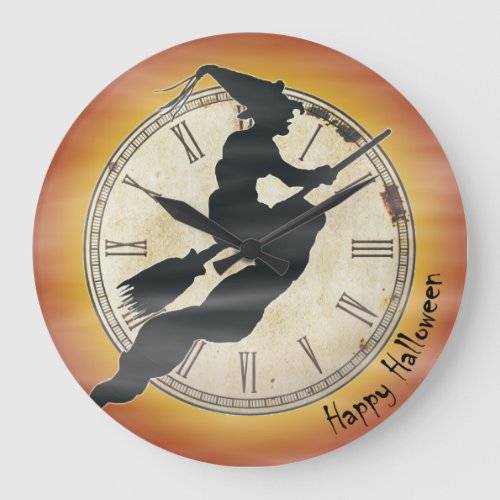 Retro Halloween Witch Broom Silhouette Large Clock