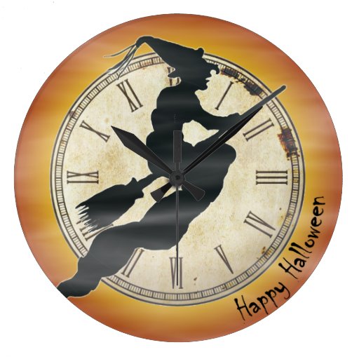 Retro Halloween Witch on a Broom Large Clock | Zazzle
