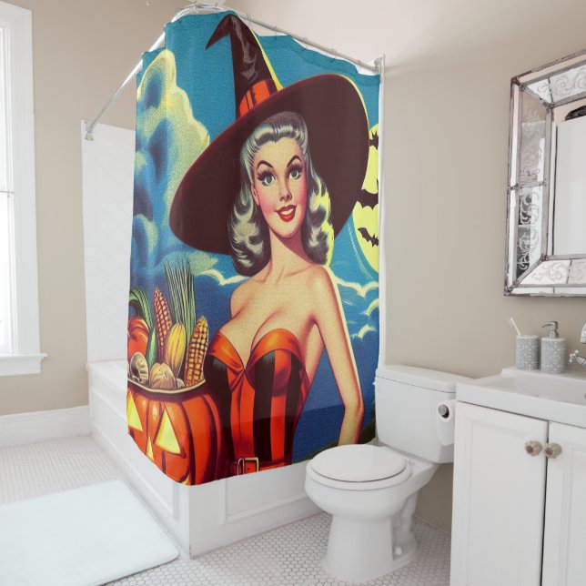 Retro halloween Witch Pin-up Shower Curtain (In Situ)