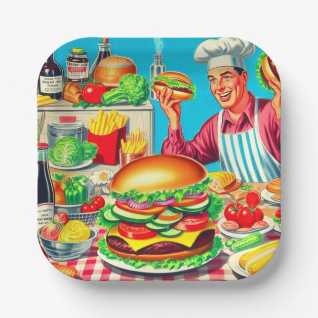 Retro Hamburger Comic Illustration Paper Plates (Front)