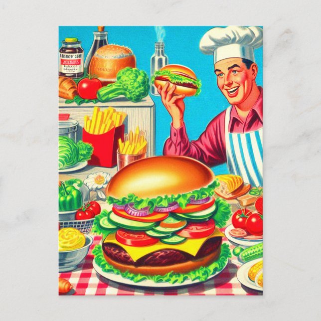 Retro Hamburger Comic Illustration Postcard (Front)
