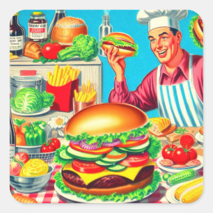Retro Hamburger Comic Illustration Square Sticker