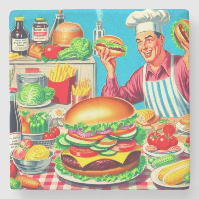 Retro Hamburger Comic Illustration Stone Coaster (Front)