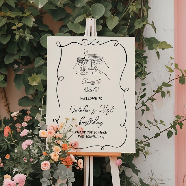 Retro Hand Drawn Birthday 21st Bow Martini Welcome Foam Board (Creator Uploaded)