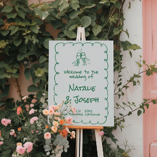 Retro Hand Drawn Blue Champagne Wedding Welcome Foam Board