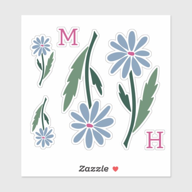 Retro Hand Drawn Blue Flowers Pink Monogram Sticker (Sheet)