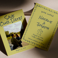 Retro Hand Drawn Blue Green Funky Photo Wedding