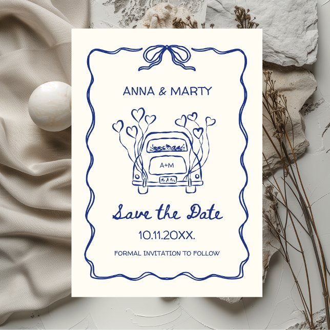 Retro Hand-drawn Blue Unique Bow Wedding Car Save The Date (Blue French Vintage Hand-drawn Wedding Save the Date Unique Funky Retro Whimsical Printable)