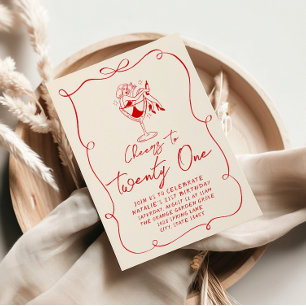 Retro Hand Drawn Bow 21st Coquette Birthday Party Invitation