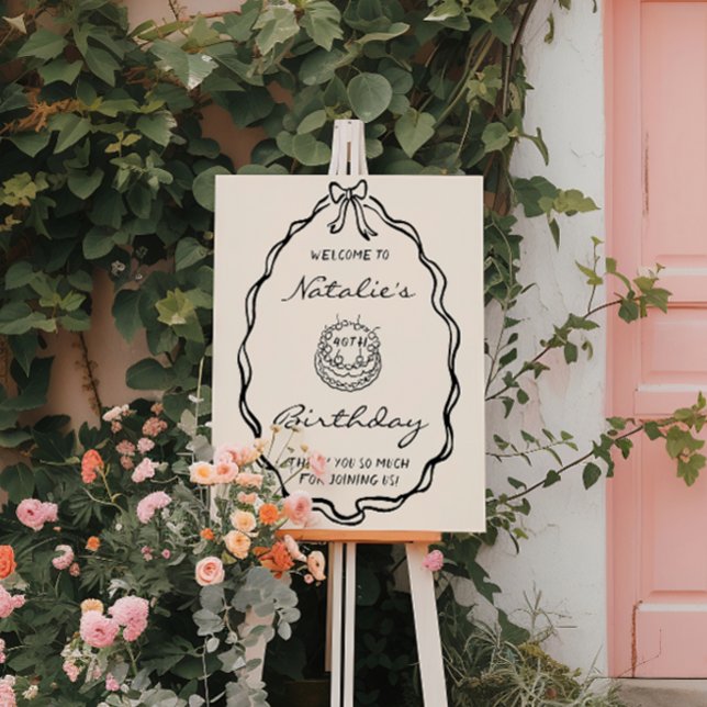 Retro Hand Drawn Bow 40th Birthday Party Welcome Foam Board (Creator Uploaded)