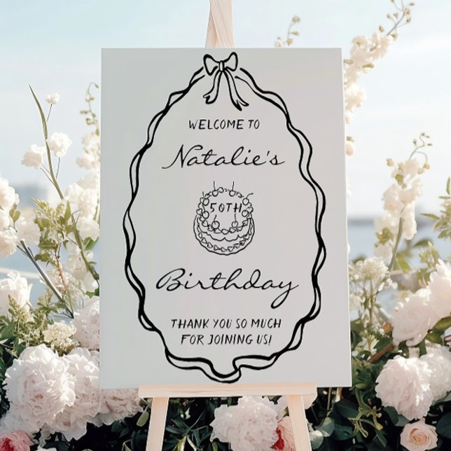 Retro Hand Drawn Bow 50th Birthday Party Welcome Foam Board (Creator Uploaded)