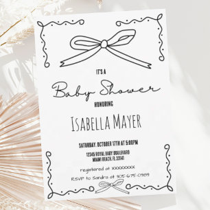 Retro Hand Drawn Bow Baby Shower Invitation
