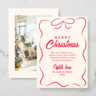 Retro Hand Drawn Bow Frame Merry Christmas Letterpress Photo Cards