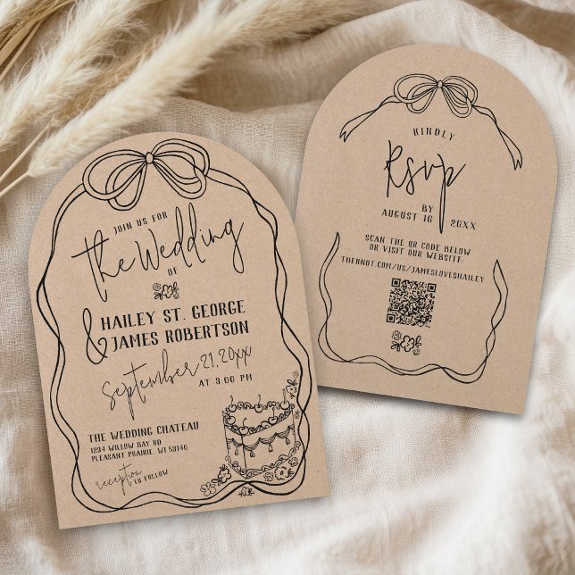 Retro Hand Drawn Bow Rustic Kraft Arch Wedding Invitation (Retro quirky hand drawn illustration black bow vintage floral heart cake kraft arch wedding invite)