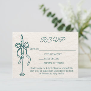 Retro Hand Drawn Bow Teal Wedding Website QR Code RSVP Card