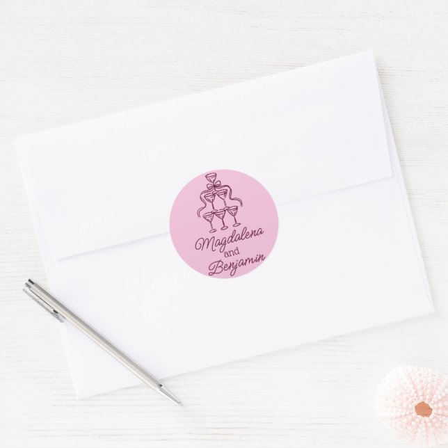 Retro Hand Drawn Burgundy Champagne Tower Names Classic Round Sticker (Envelope)