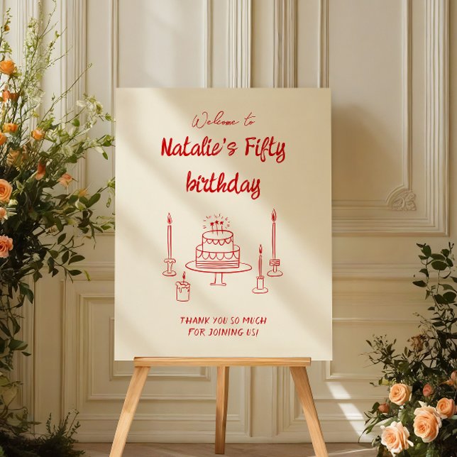 Retro Hand Drawn Cake Birthday 50th Doddle Welcome Foam Board (Creator Uploaded)