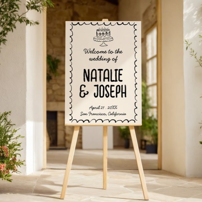 Retro Hand Drawn Cake Quirky Wedding Welcome Sign  (Creator Uploaded)